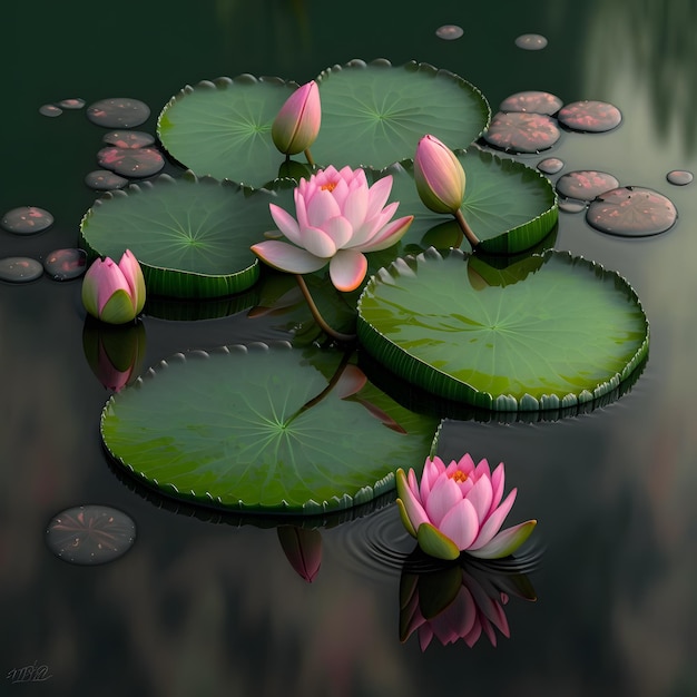 A water lily with a pink lotus flower on it.