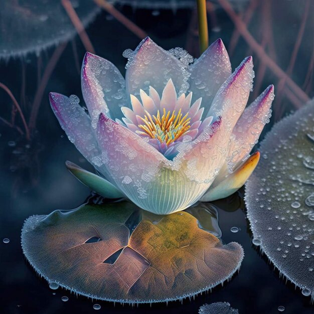 A water lily with a water lily in the foreground.