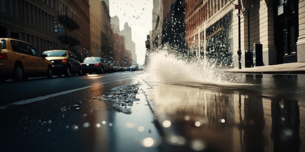 A water main break in the street