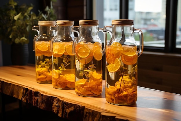 Water met abrikozen wordt geserveerd in glazen kruiken 4K Abrikozen beeldfotografie
