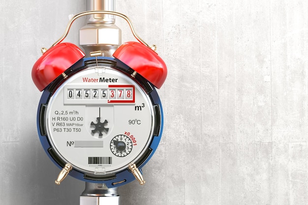 Water meter wiith alarm clock time to pay utility bills and\
debt for water consumption concept