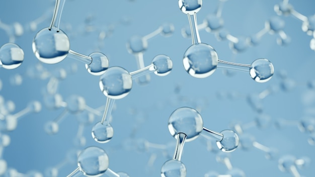 물 분자. 분자와 원자가있는 과학 또는 의료 배경. 3d 렌더링.