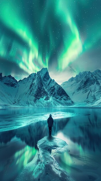 Photo water and mountain during northern lights