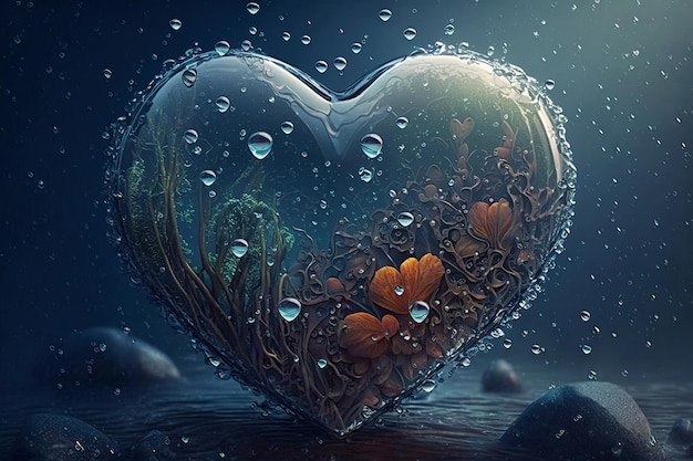 Water of ocean and sea inside a transparent heart Concept of environmental protection for Earth Day