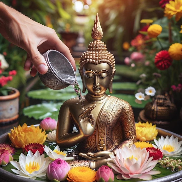 Water op de hand gieten op Boeddha te midden van kleurrijke bloemen