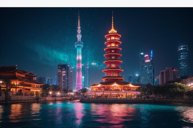 Water oriental tower panorama night architecture