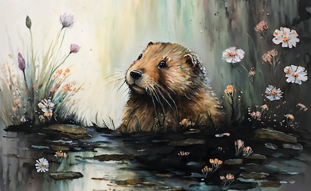 A water otter in a pond with flowers and a watercolour painting.