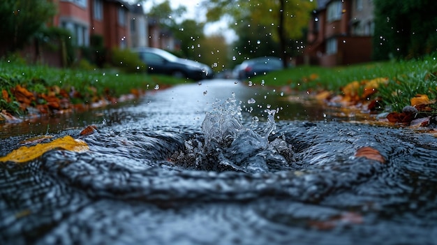 집 공동체 에서 비가 오는 계절 에 물 이 흘러 나가는 것