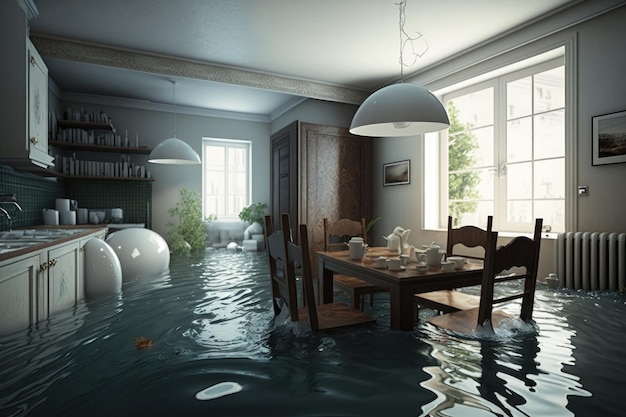 Photo water overflowed and flooded flat interior of apartment in breadth created with generative ai