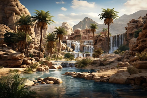 Photo a water park with palm trees and a waterfall