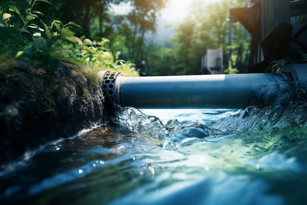 写真 水場の放水管の水道管のクローズ アップから流れるきれいな水