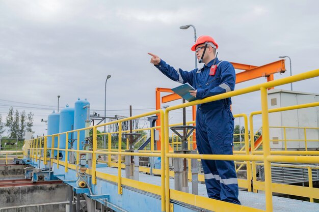 Water plant maintenance technicians mechanical engineers check\
the control system at the water treatment plant