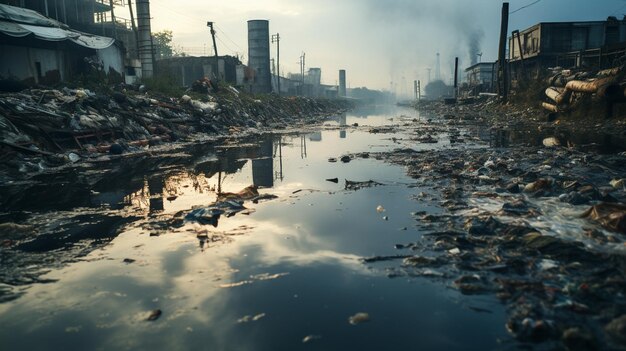 Photo water pollution in river with trash