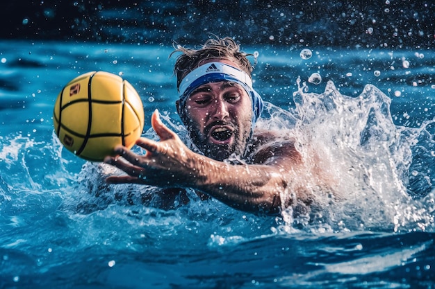 Photo water polo player in action in a swimming pool banner or poster advertising style material generative ai