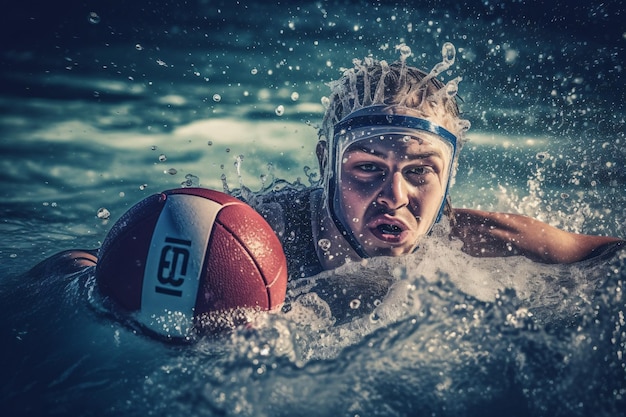 Photo water polo player in action in a swimming pool banner or poster advertising style material generative ai