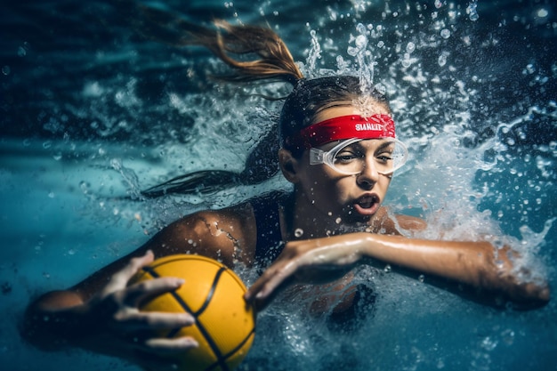 Photo water polo player in action in a swimming pool banner or poster advertising style material generative ai