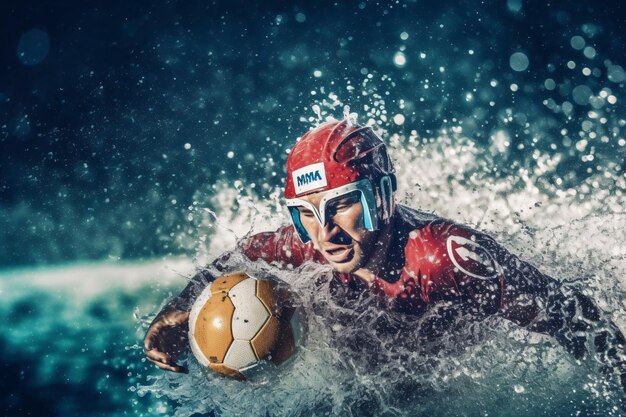 Photo water polo player in action in a swimming pool banner or poster advertising style material generative ai