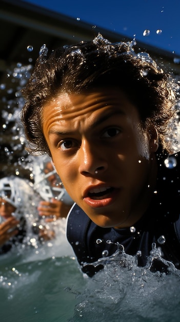 Water polo player at the pool with swimming equipment