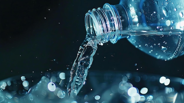 Water poured from bottle into glass close up view