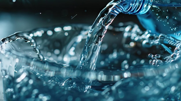 Photo water poured from bottle into glass close up view