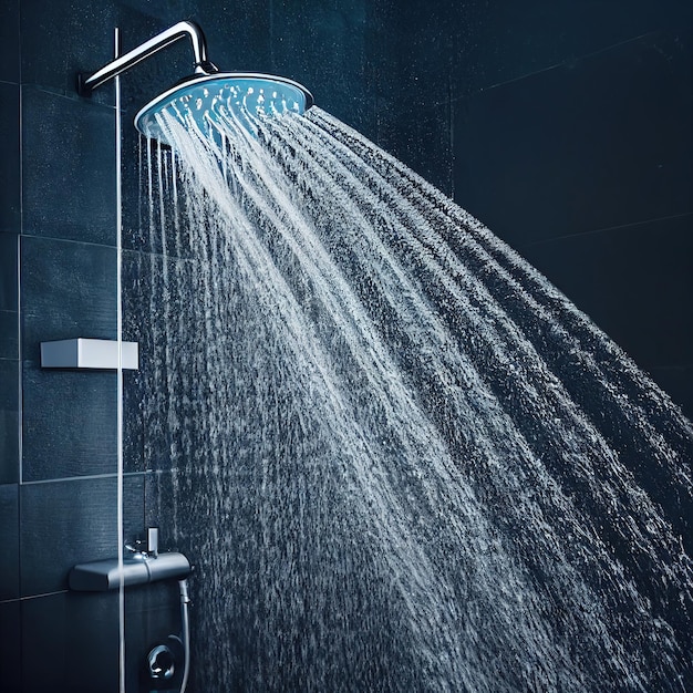 Water pouring from shower head in dark bathroom d render digital illustration