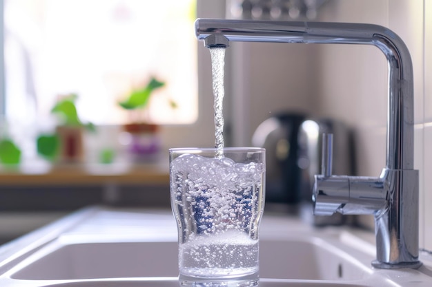 Water pouring from the tap into a transparent glass filling the glass with tap water