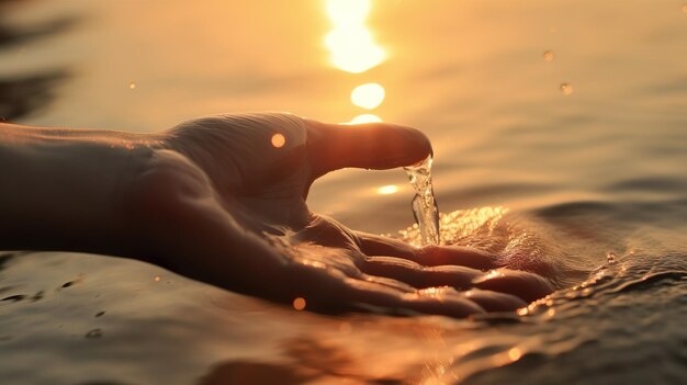 朝の明るい背景の太陽の光で手に水を注ぐ