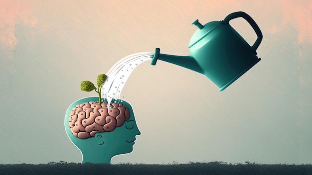 Photo water pouring human brain with watering can development of intelligence study of new knowledge