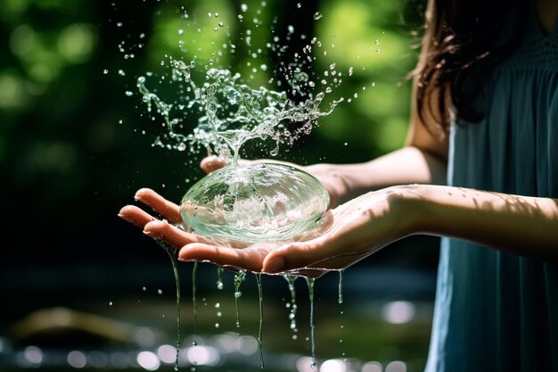 Foto acqua versata dalla mano di una donna sullo sfondo della natura