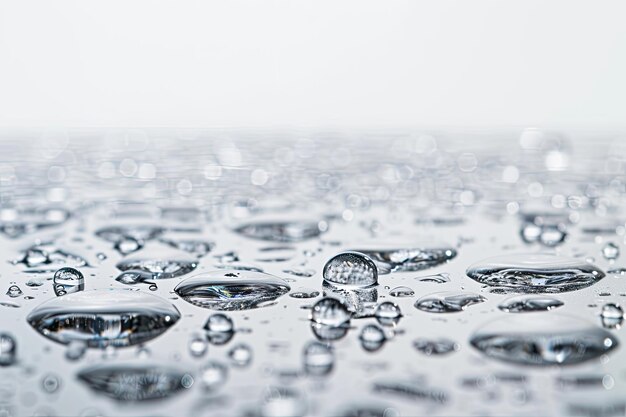 Water puddles and droplets on white reflective surface Frontal view and deep focus stacking