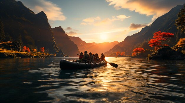 water rafting with sunset background