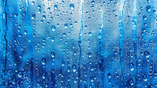 Вода и капли дождя на стекле абстрактный вид Капли дожджа на синем стеклянном фоне
