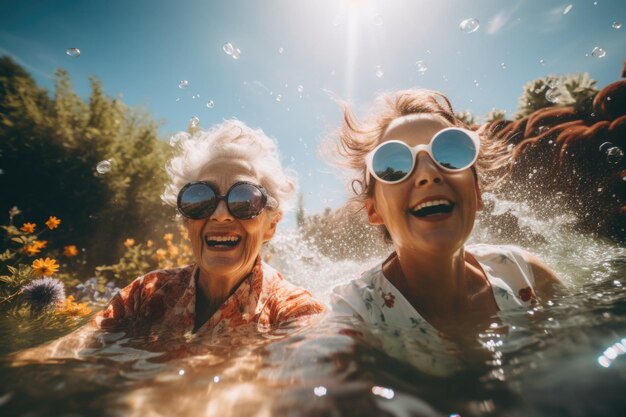 Water recreation two women in the pool savoring a leisurely moment