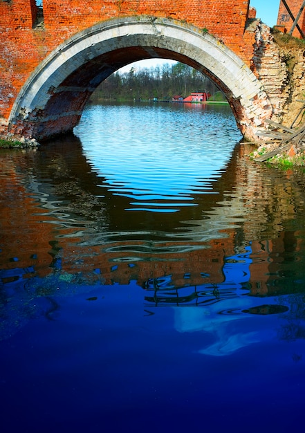 Water reflections under arc bridge architecture background