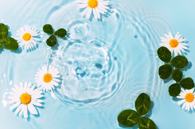 Increspatura dell'acqua con fiori. sfondo alla moda per la presentazione di prodotti cosmetici. concetto artistico.