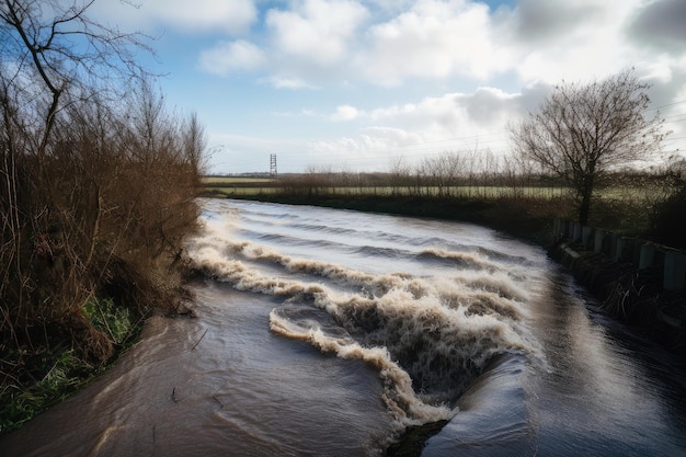 Water rushing over the edge of the embankment flooding fields and roads