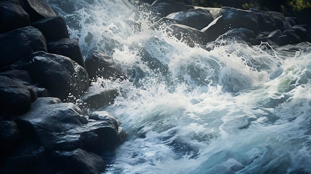 water rushing over rocks and rocks with a waterfall in the background