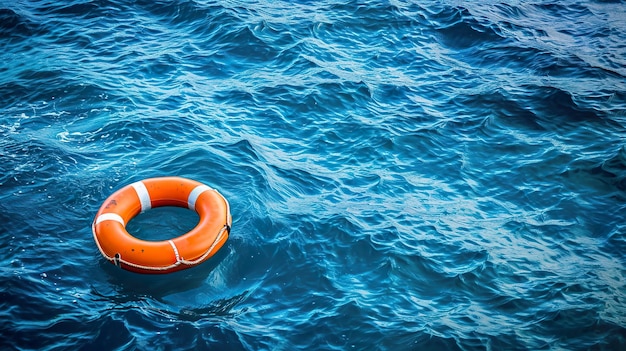 Water Safety Orange Lifebuoy Floating in the Blue Sea