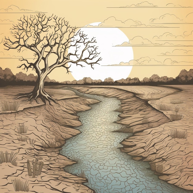 Water scarcity image of dry riverbed or lake