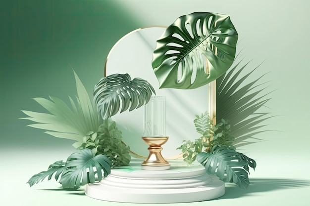 Water scene with a podium presentation The pedestal of a tropical palm leaf a symbol