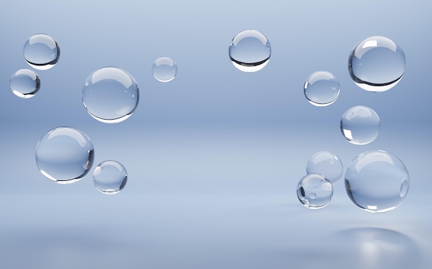 透明な気泡球と水の海の背景液体ボールまたは青いアクアの背景にドロップと水中テクスチャ製品広告のモックアップバナーの現実的な3Dイラスト表面