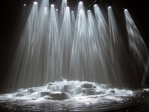 a water show with the lights on and the water is lit up