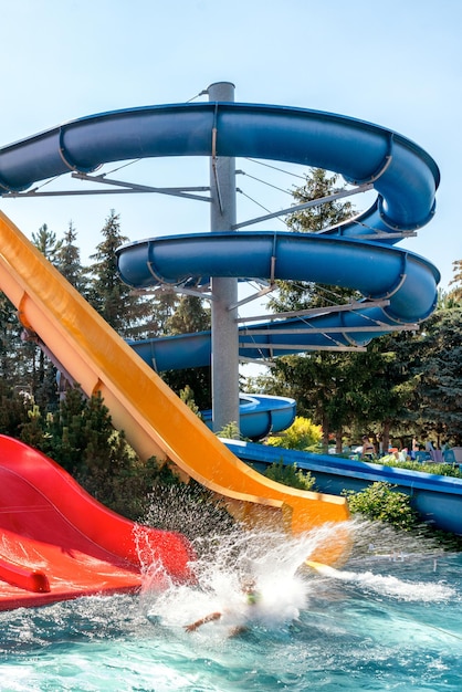 Water slide in aquapark Splashing into the water