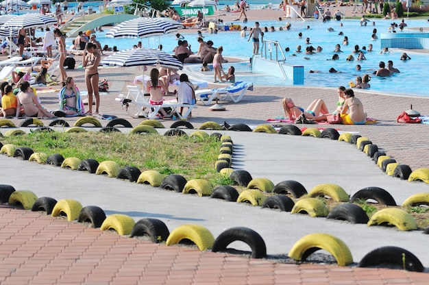 water slide fun on outdoor pool