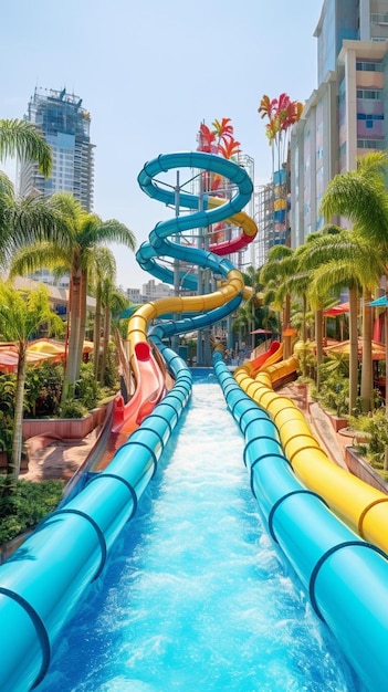 a water slide in the middle of a pool