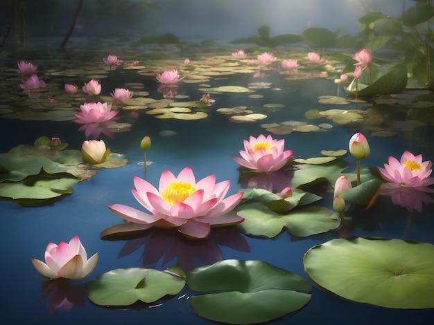 The water source with lotus flowers in the pond is very beautiful