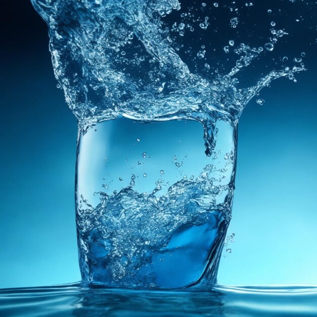 Water spatten in glas op blauwe achtergrond 3D-rendering 3D illustratie
