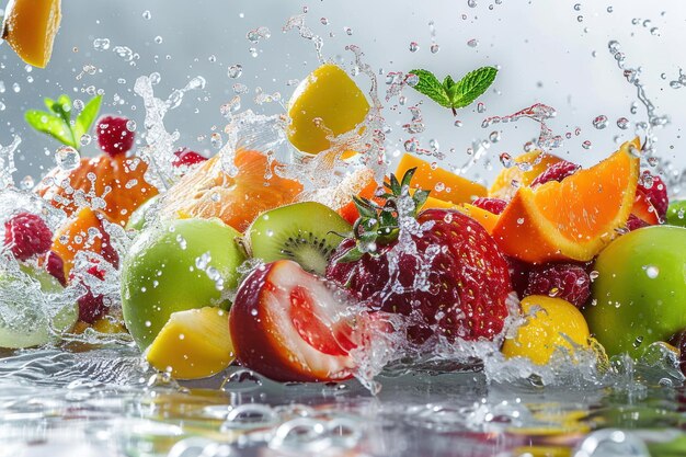 Foto water spetteren op mengsel fruit kleurrijke vruchten