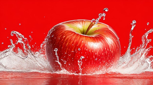 Water spetterend op verse rode appel op rode achtergrond