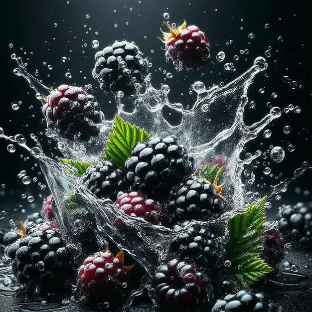 Water spetterend verpletteren op verse Blackberry Zwarte gradiënt achtergrond